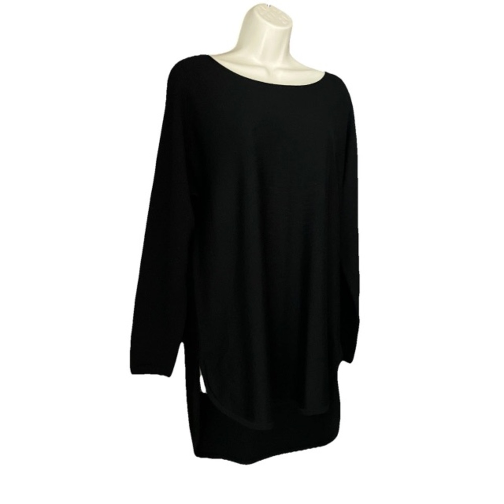 Eileen Fisher Black Knit Long Sleeve Vented Boat Neck High Low Long Tunic Top L